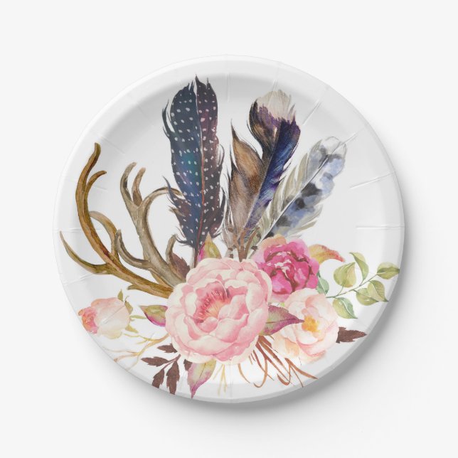 Boho Tribal Chic Feathers and Roses Paper Plate (Front)