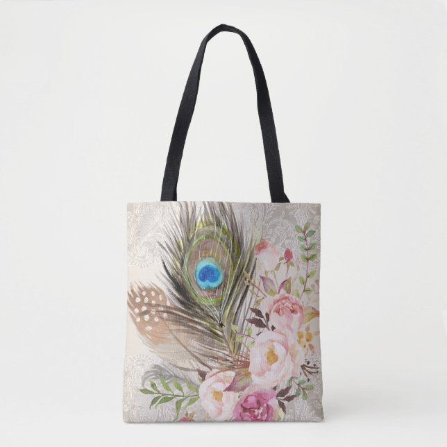 Boho Tribal Chic Peacock Feather & Roses Tote Bag (Front)