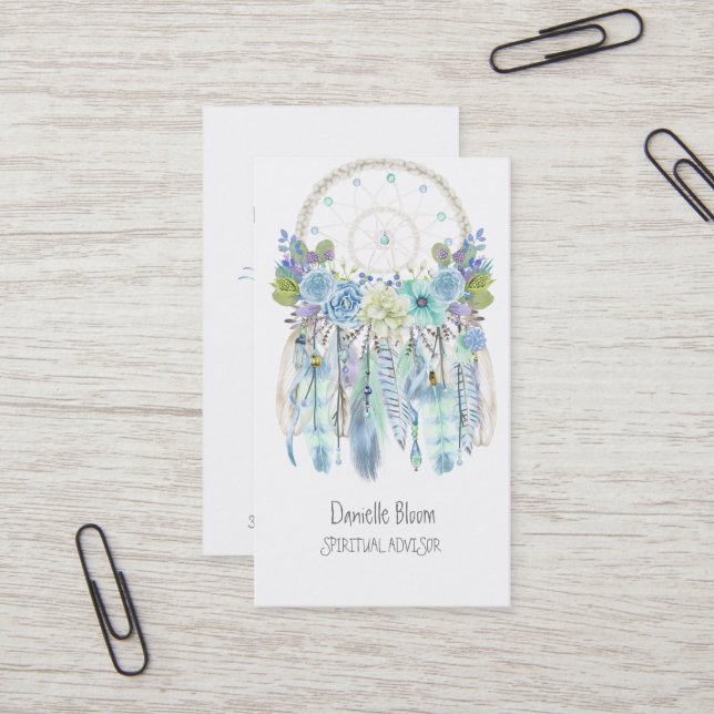 Boho Tribal Dream Catcher Arrows Feathers Flowers Business Card (Front/Back In Situ)