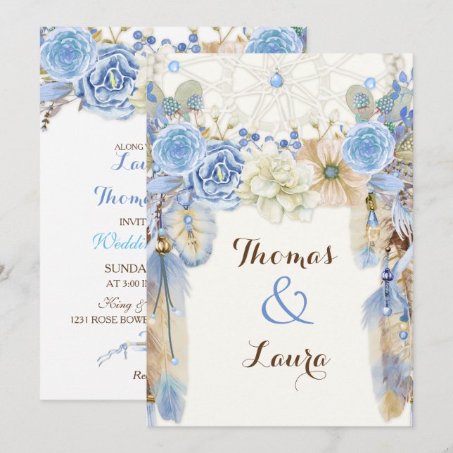 Boho Tribal Dream Catcher Watercolor Blue Beige Invitation (Front/Back)