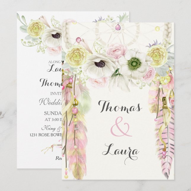 Boho Tribal Dream Catcher Watercolor Pink Yellow Invitation (Front/Back)