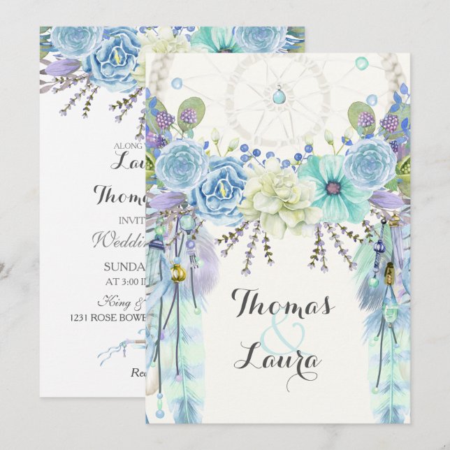 Boho Tribal Dream Catcher Watercolor Turquoise Invitation (Front/Back)