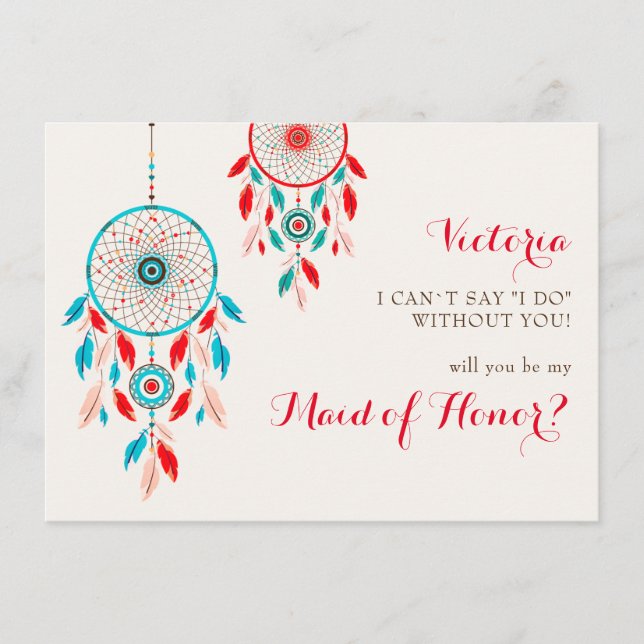 Boho Tribal feather Dreamcatcher Bridesmaid Cards (Front)