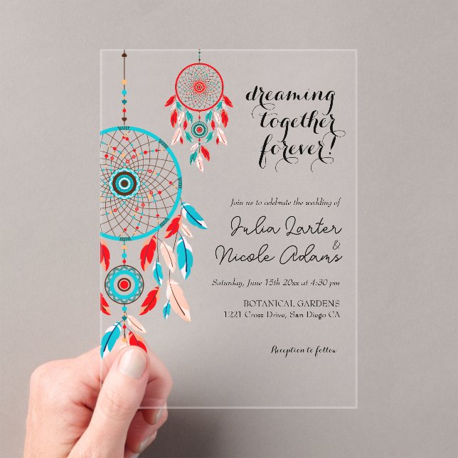 Boho Tribal feather Dreamcatcher Wedding Acrylic Invitations (Insitu (Handheld))