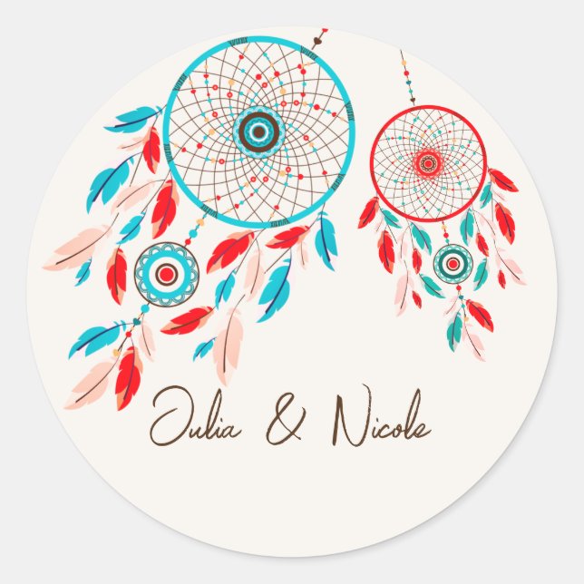 Boho Tribal feather Dreamcatcher Wedding Classic Round Sticker (Front)