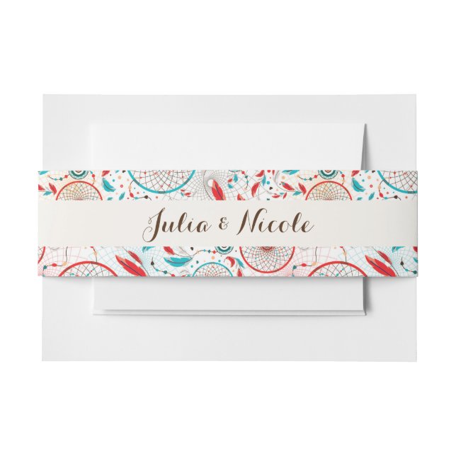 Boho Tribal feather Dreamcatcher Wedding Invitation Belly Band (Front Example)