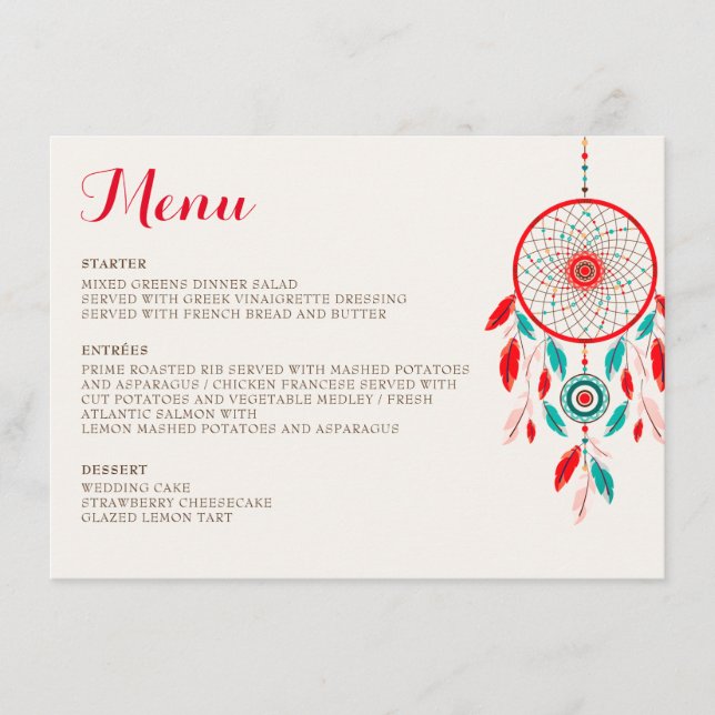 Boho Tribal feather Dreamcatcher Wedding Menu (Front)