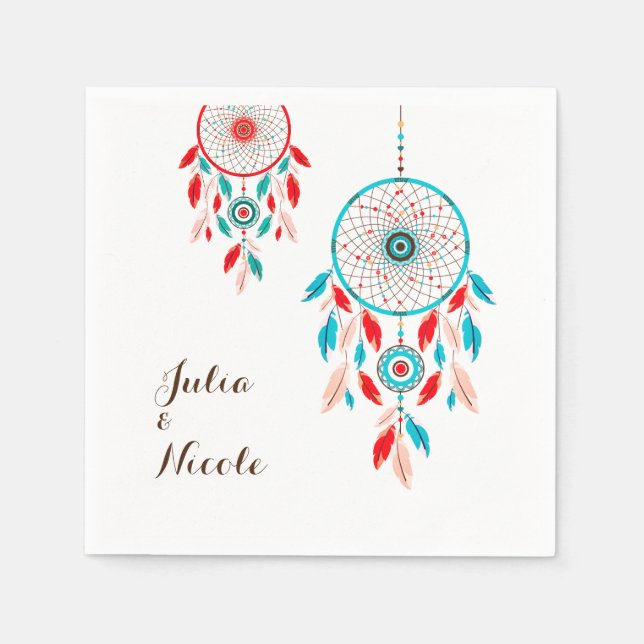 Boho Tribal feather Dreamcatcher Wedding Napkin (Front)