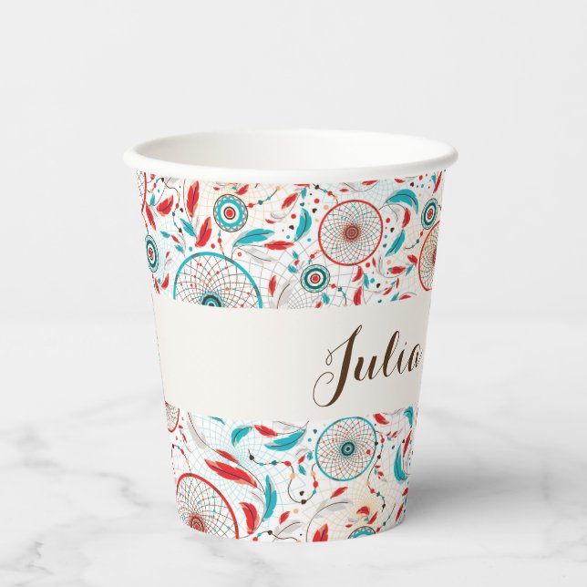 Boho Tribal feather Dreamcatcher Wedding Paper Cups (Front)