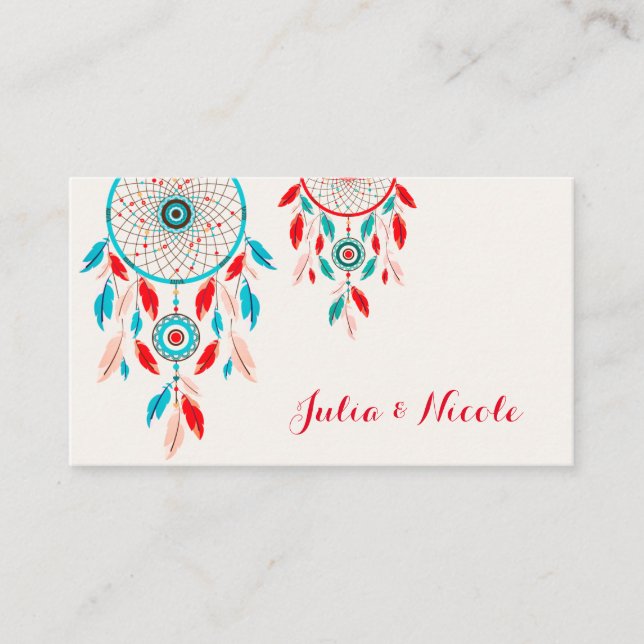Boho Tribal feather Dreamcatcher Wedding Place Card (Front)