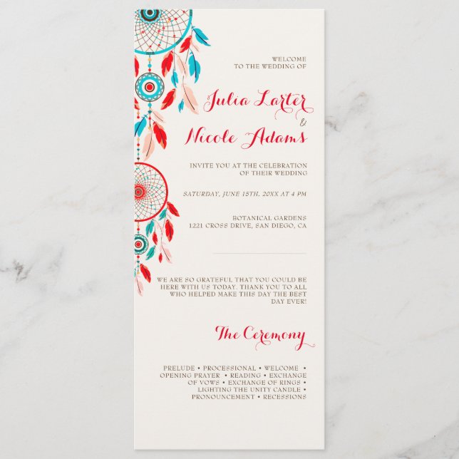 Boho Tribal feather Dreamcatcher Wedding Programme (Front)