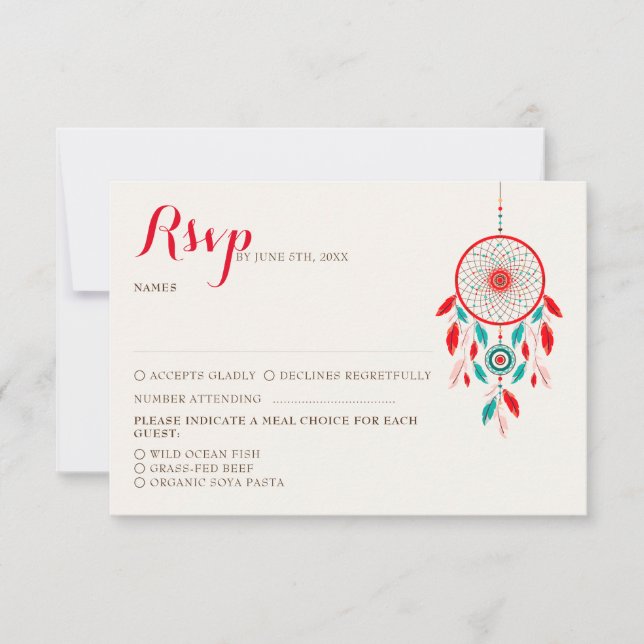 Boho Tribal feather Dreamcatcher Wedding RSVP Card (Front)