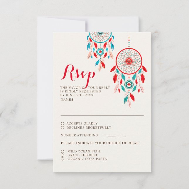 Boho Tribal feather Dreamcatcher Wedding RSVP Card (Front)