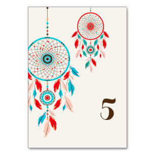 Boho Tribal feather Dreamcatcher Wedding Table Number
