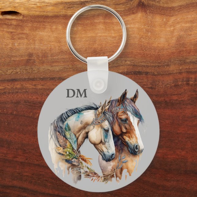 Boho Tribal Feather Horses Key Ring (Front)