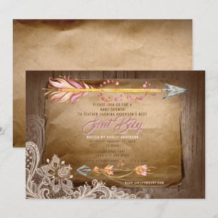 BOHO Tribal Feathers and Lace Girl Baby Shower Invitation