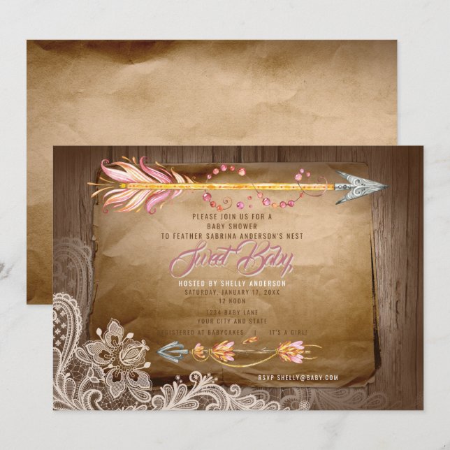 BOHO Tribal  Feathers and Lace Girl Baby Shower Invitation (Front/Back)