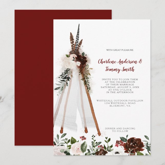Boho Tribal Feathers Floral Bouquet Teepee Wedding Invitation (Front/Back)