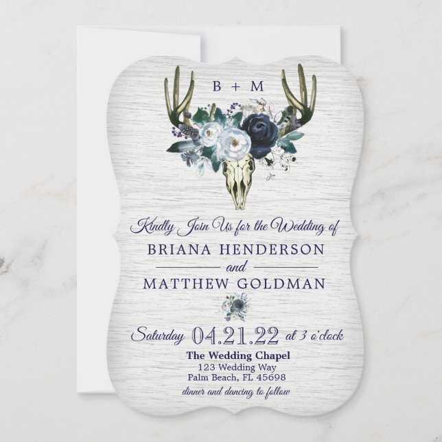 Boho Tribal Floral Antlers Wedding Invitation Navy (Front)