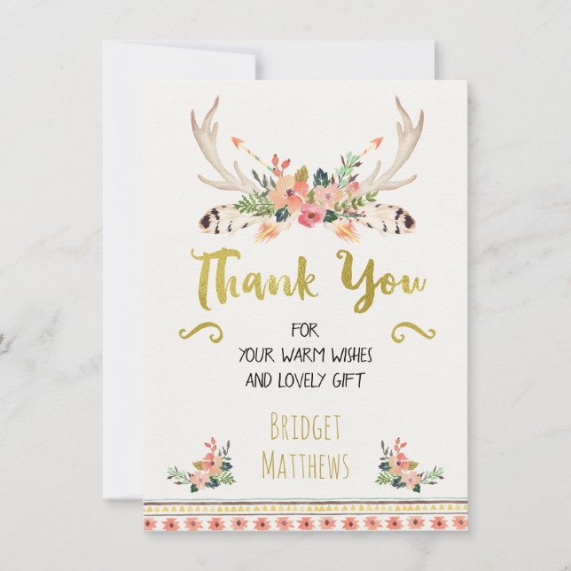 Boho Tribal Floral Baby Shower Thank You Card (Front)