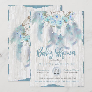 BOHO Tribal Floral Dream Catcher Blue Baby Shower Invitation