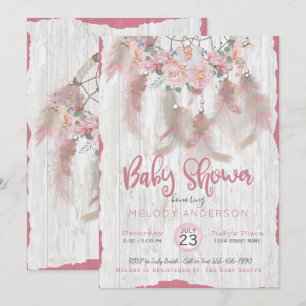 BOHO Tribal Floral Dream Catcher Pink Baby Shower Invitation