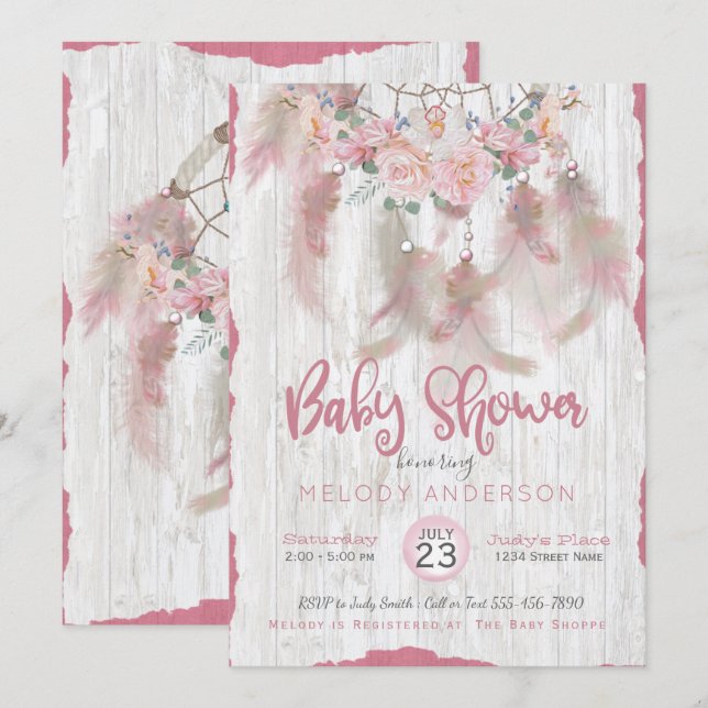 BOHO Tribal Floral Dream Catcher Pink Baby Shower Invitation (Front/Back)