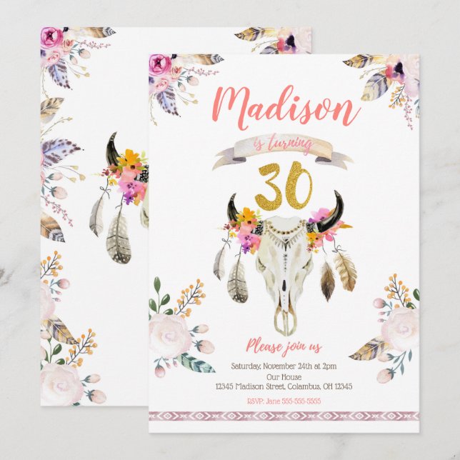 Boho Tribal Floral Skull 30th Birthday Invitation (Front/Back)