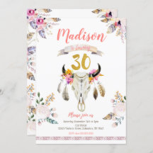 Boho Tribal Floral Skull 30th Birthday Invitation
