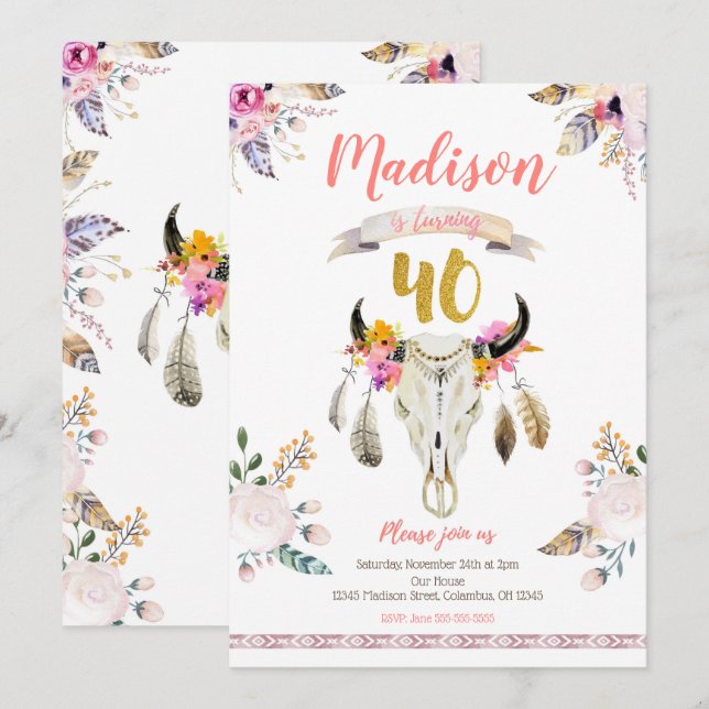 Boho Tribal Floral Skull 40th Birthday Invitation (Front/Back)