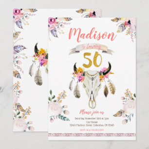 Boho Tribal Floral Skull 50th Birthday Invitation