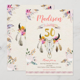 Boho Tribal Floral Skull 50th Birthday Invitation