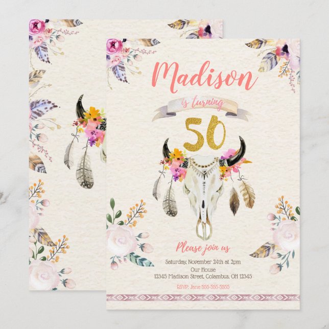 Boho Tribal Floral Skull 50th Birthday Invitation (Front/Back)
