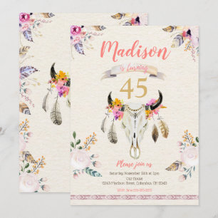 Boho Tribal Floral Skull Birthday Invitation