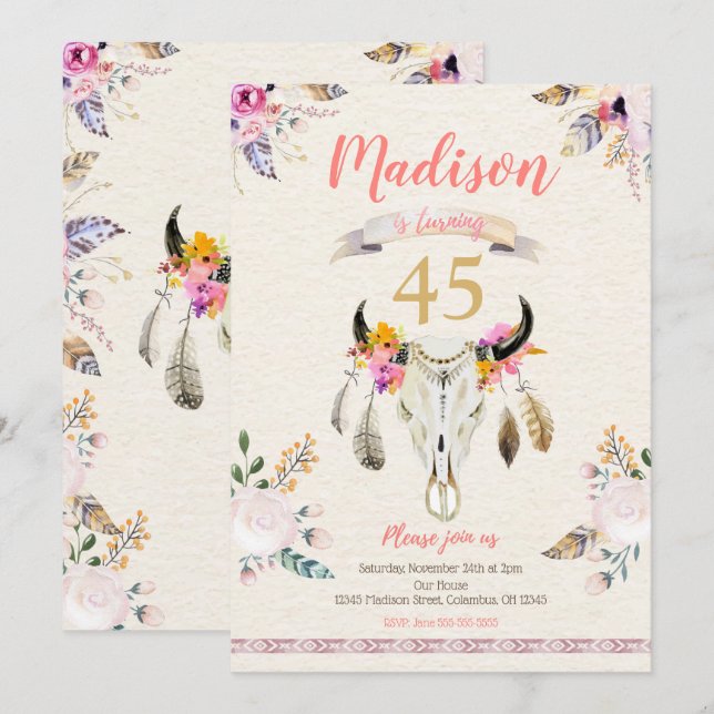 Boho Tribal Floral Skull Birthday Invitation (Front/Back)
