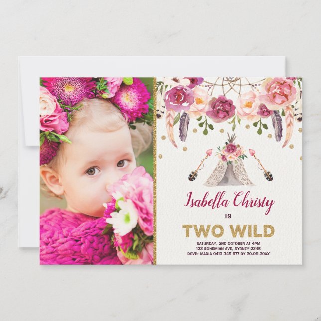 Boho Tribal Floral TWO WILD Birthday Dreamcatcher Invitation (Front)