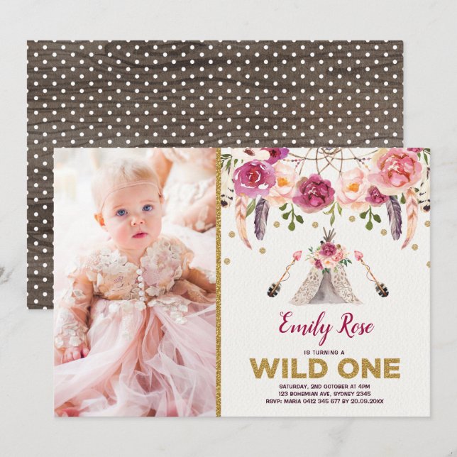 Boho Tribal Floral Wild One Birthday Dreamcatcher Invitation (Front/Back)
