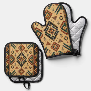 Boho Tribal Geometric Kitchen Oven Mitt & Pot Hold Holder Set