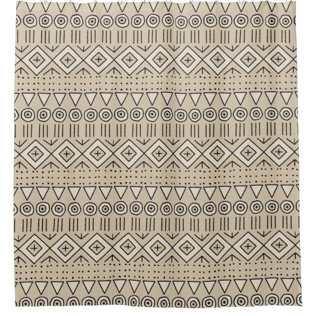 Boho Tribal Mudcloth Pattern, Beige, Black, Cream Shower Curtain (Front)