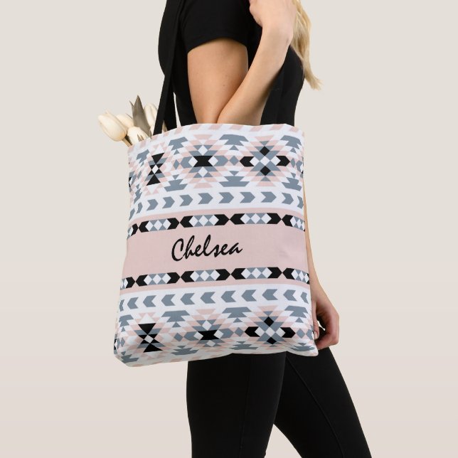 Boho Tribal Pattern Blush and Black Tote Bag (Close Up)