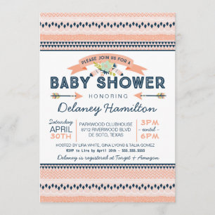 Boho Tribal Peach and Navy Ethnic Baby Shower Invitation