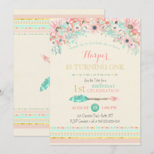 Boho Tribal Peach Mint Arrow Floral Watercolors Invitation