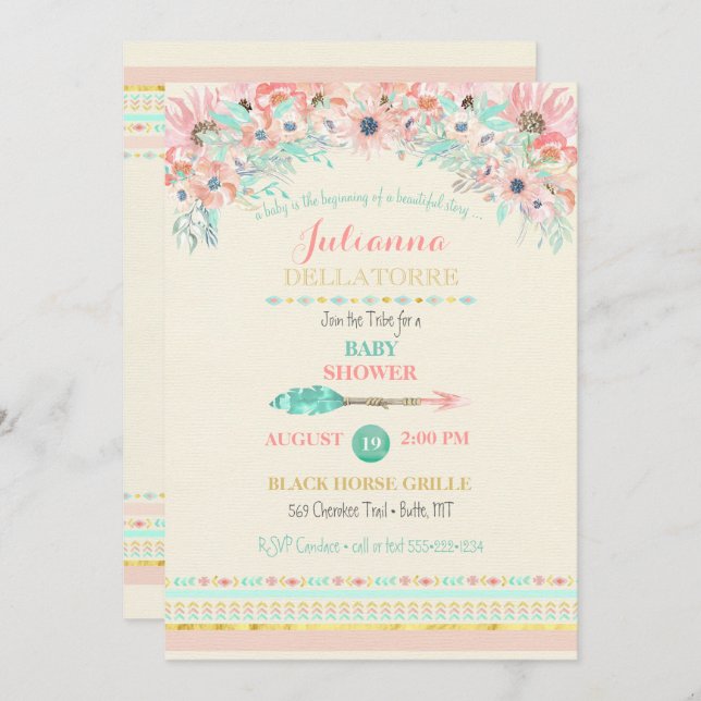 Boho Tribal Peach Mint Arrow Floral Watercolors Invitation (Front/Back)