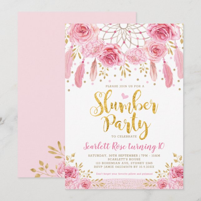 Boho Tribal Pink Roses Dreamcatcher Slumber Party Invitation (Front/Back)