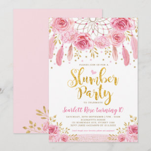 Boho Tribal Pink Roses Dreamcatcher Slumber Party Invitation