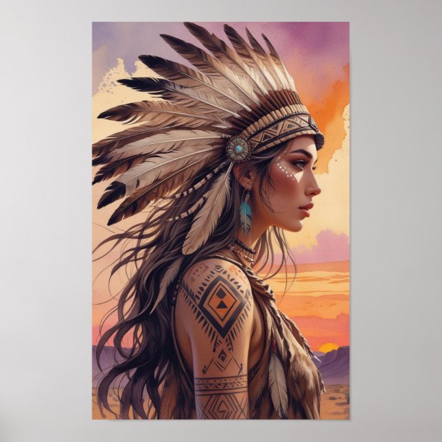 Boho Tribal Queen with Feather Headdress Poster (Front)