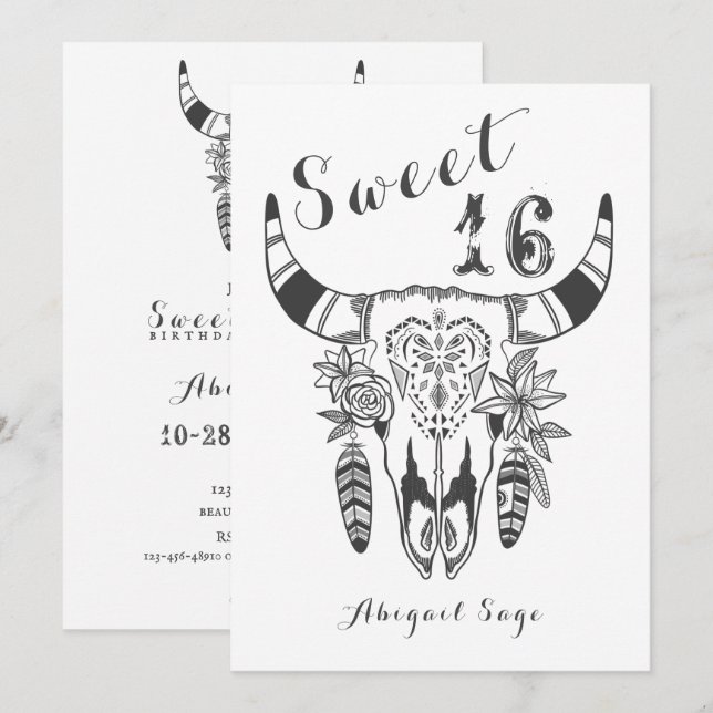 Boho Tribal Skull Bohemian Sweet Sixteen Birthday Invitation (Front/Back)