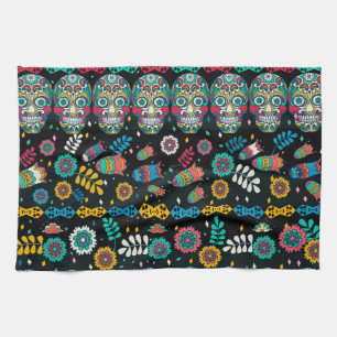 Boho tribal skulls: colourful pattern. tea towel