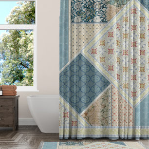 BOHO Tribal Watercolor Floral William Morris Blue Shower Curtain