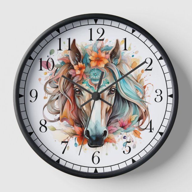 Boho Tribal Watercolor Horse Stylish Chic Clock (Front)